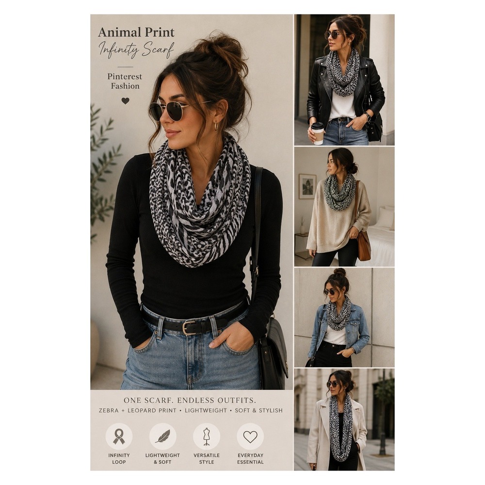 Animal Print Infinity Scarf Zebra Leopard Black Gray Y2K Mob Wife Statement